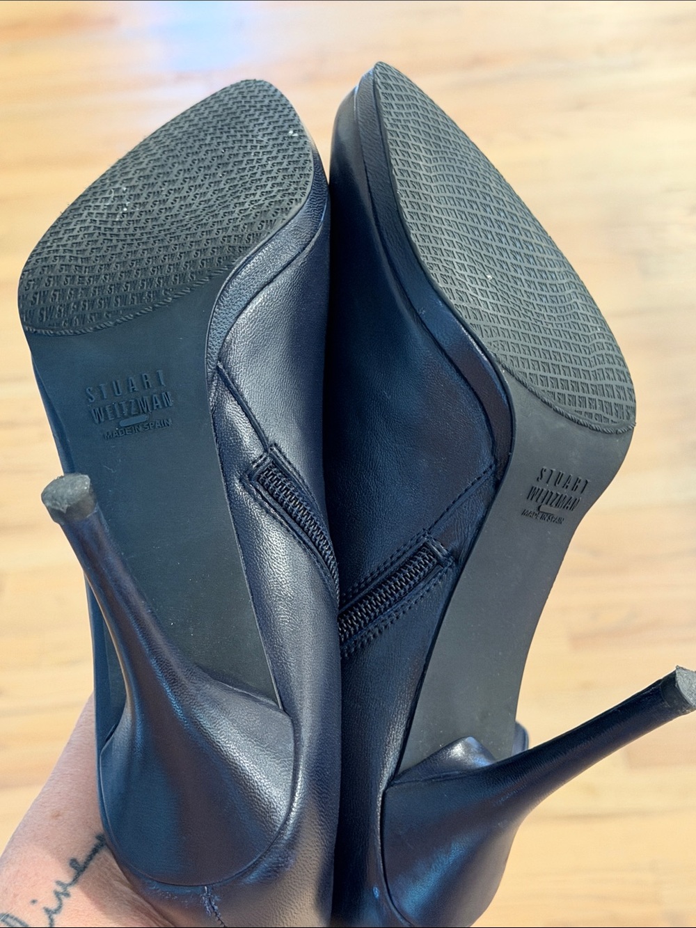 Stuart Weitzman Navy Power 75 Leather Pointed-Toe Heeled Ankle Boots - Picture 5 of 5
